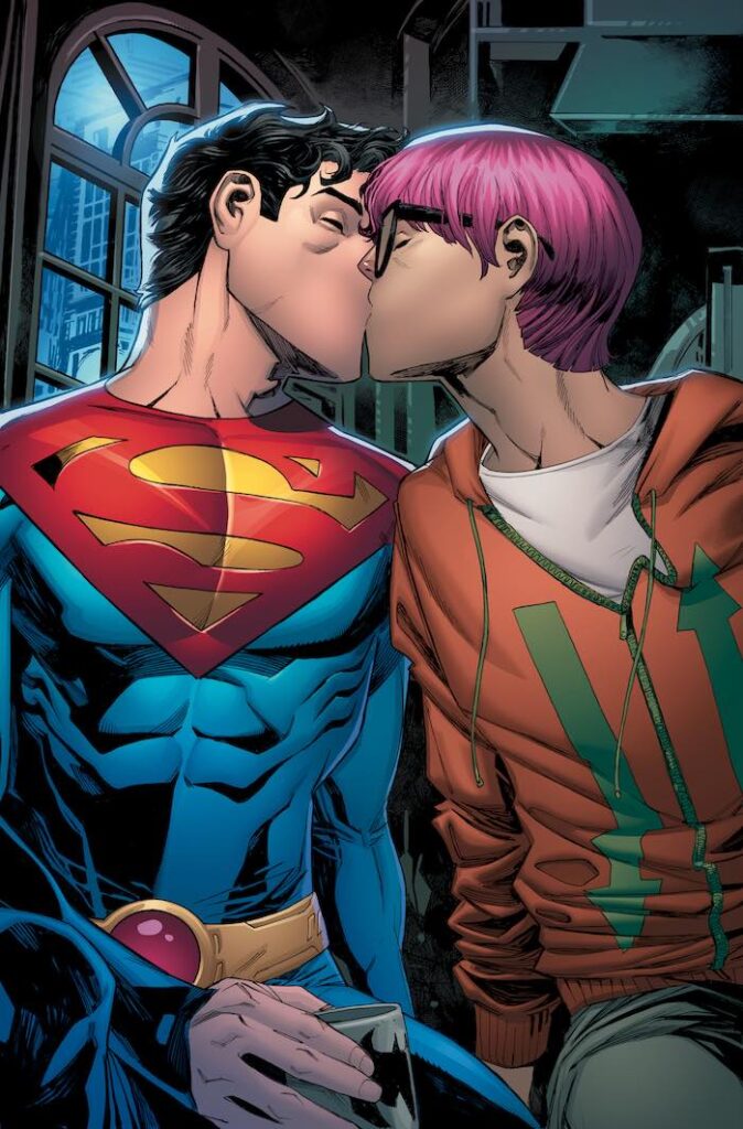 In an undated image provided by John Timms/DC Comics, Jonathan Kent, the new Superman, who is the son of Clark Kent and Lois Lane, shares an unexpected kiss with his friend Jay.